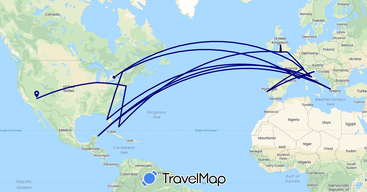 TravelMap itinerary: driving in Bahamas, Canada, Switzerland, France, United Kingdom, Greece, Italy, Mexico, Portugal, United States (Europe, North America)